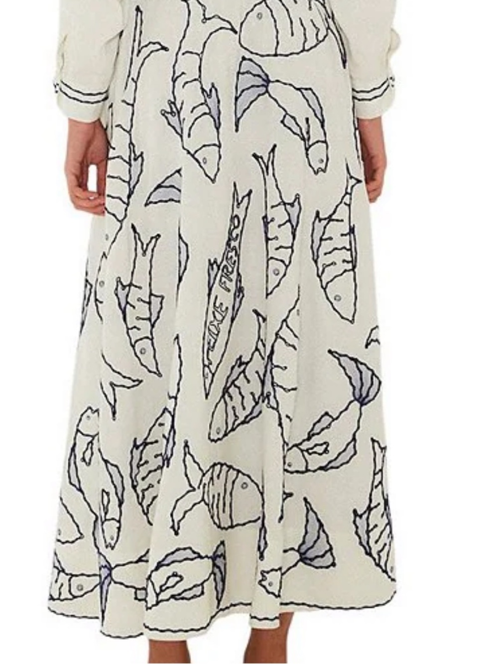FARM Rio White Midi Skirt with Navy Fish Embroidery